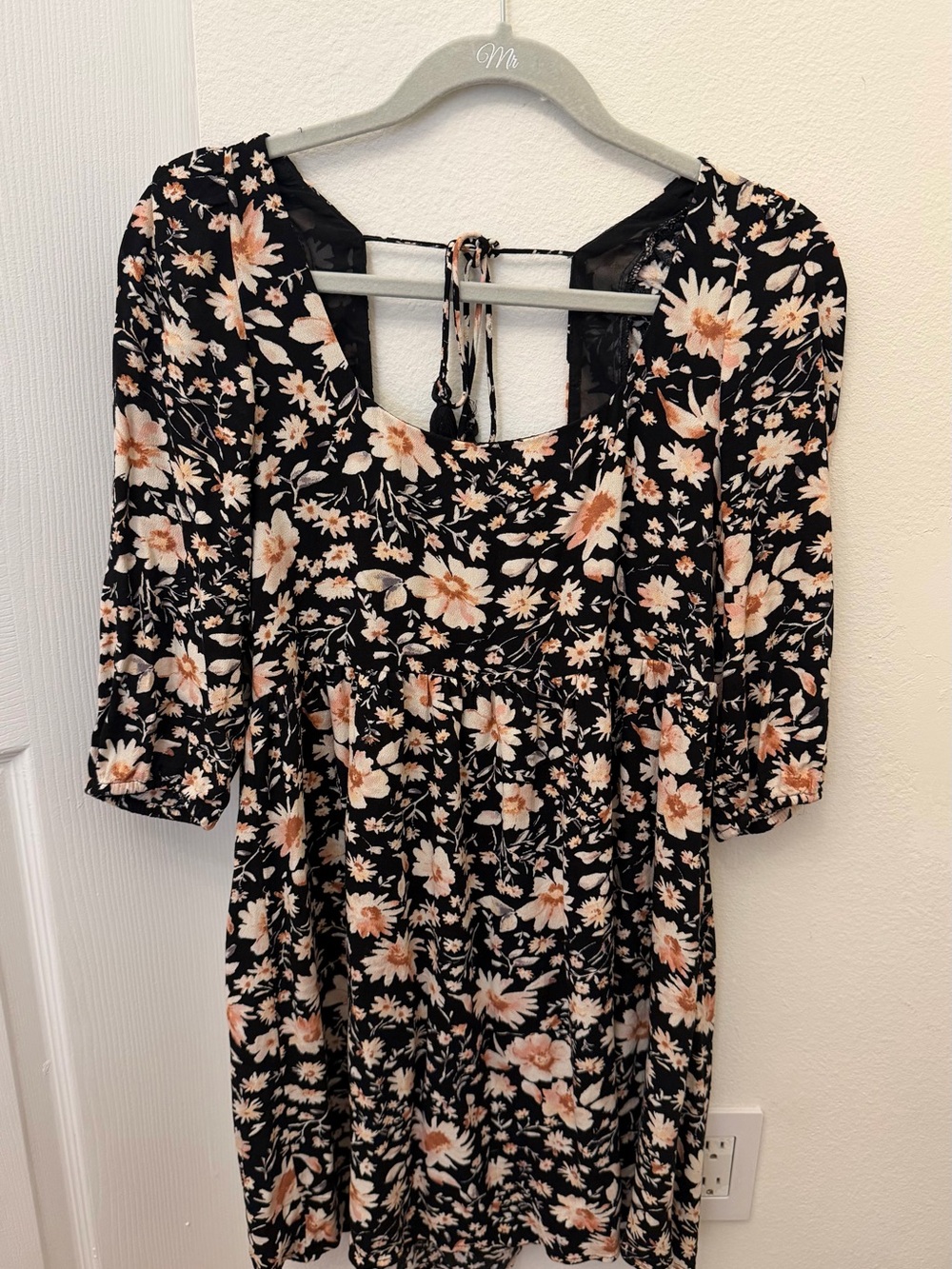 American Eagle Outfitters Black Floral Tie-Back Dress with Peach Flowers